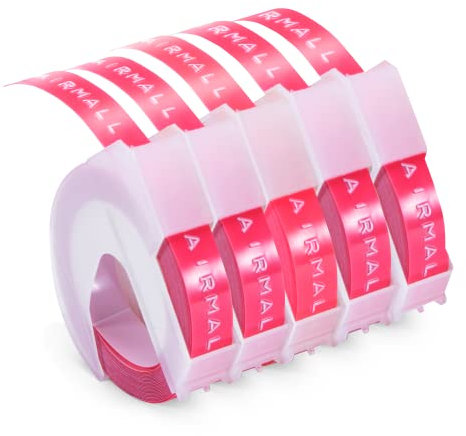 Airmall kompatibel mit Dymo Omega Etikettenband 3D Vinyl-Prägeetiketten 9mm Fluoreszierendes Rosa Prägeband für Dymo Omega und Junior Prägegerät Etikettier, 5 Rollen