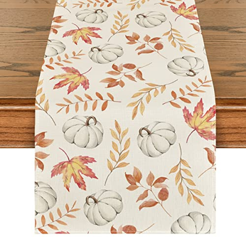 Artoid Mode Orange Pumpkins Fall Maple Leaves Fall Table Runner, Seasonal Autumn Kitchen Dining Table Decoration for Home Party Decor 13x72 Inch
