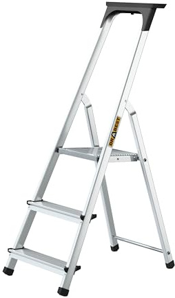 Drabest – Hushållsstege – 3 steg – Arbetshöjd 2,54 m – Hopfällbar Atege i Aluminium, max. 125 kg, med Praktisk Avställningsyta – Aluminiumstege med Plattform 25x26cm, Halkfria Fötter