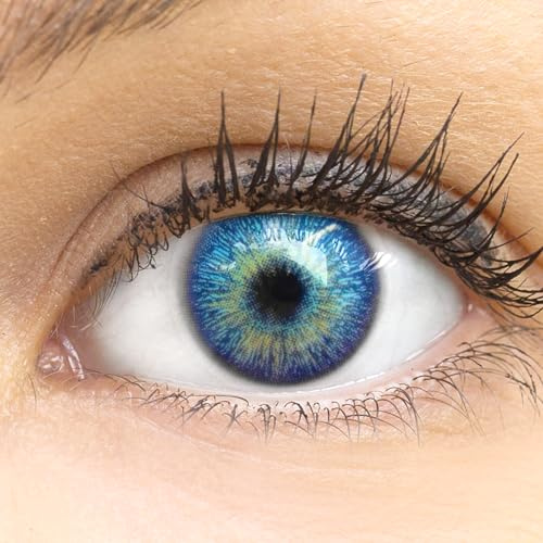 Glamlens lentilles de couleur bleu naturelles colorées très haute opacité Monaco + étuis à lentilles de contact I 1 paire (2 pièces) I 90 Jours I sans correction I 0,00 Dioptries