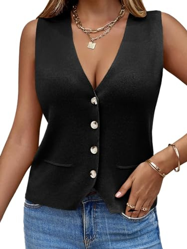 Saodimallsu Pull sans manches pour femme - Tricot en V - Bouton - Mode décontractée - Cardigan ample - Pour l'été, Noir , M