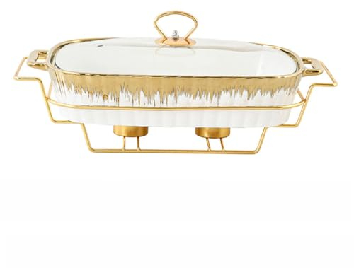 Keramik Chafing Disk BufféSet, MatväRmningsbehåLlare, Buffet Chafing Disk Spis Med Glas Transparent Lock, Guld Chafing Fat, FöR BufféEr Fester Banketter Catering Evenemang,M