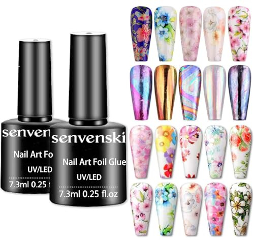 Senvenski Nail Foil Glue Gel, 7.3ml x2 Tranfer Glue for Nails Art Stickers Foil Transfer Gel Soak Off DIY Manicure Kit Set UV LED (TB007)