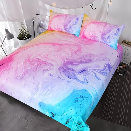 Tabeskly Kids Girls Rainbow Bedding Duvet Covers Set Single, Cute Soft Zipper Childrens Full Bed 3 Piece Quilt Covers and Pillowcases Small Mildly Cosy Budget Bedclothes 135×200cm