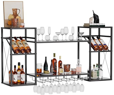 uyoyous Scaffale da vino da parete a 2 ripiani in metallo, da 48 pollici, con 6 supporti in vetro, scaffale da bar per bottiglie di vino, scaffale multifunzione per display