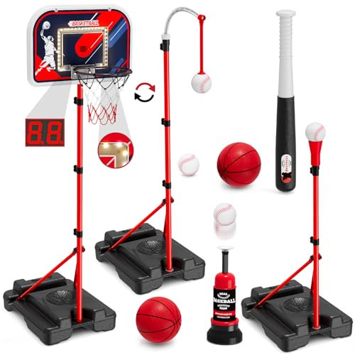 HYES 4 in 1 Basketballkorb und Baseball Set für Kleinkinder 3-5, Justierbarer hängender Baseball Stand mit Automatischer Pitch Maschine, Spielzeug für Jungen Mädchen