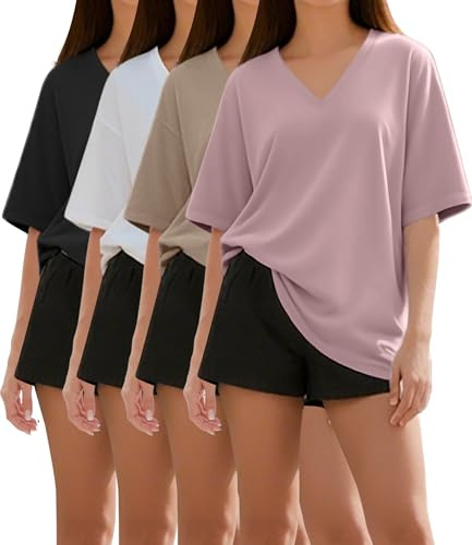 Kinglaman 4 Pack Oversized TShirts for Women, Short Sleeve Drop shoulders Plus Size Baggy Dry Fit T Shirts Tops Tees for Casual or Athletic 1 Black 1 White 1 Dark Pink 1 Khaki Large