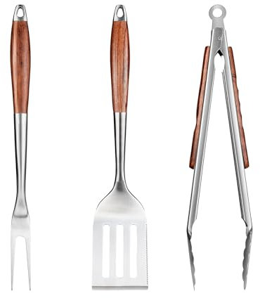 FJNATINH Grillzubehör Set aus Edelstahl mit Holzgriff,3-teiliges BBQ Werkzeug Set inklusive Grillzange, Spatel und Gabel, Praktischer Flaschenöffner - Ideal zum Grillen und als Geschenk
