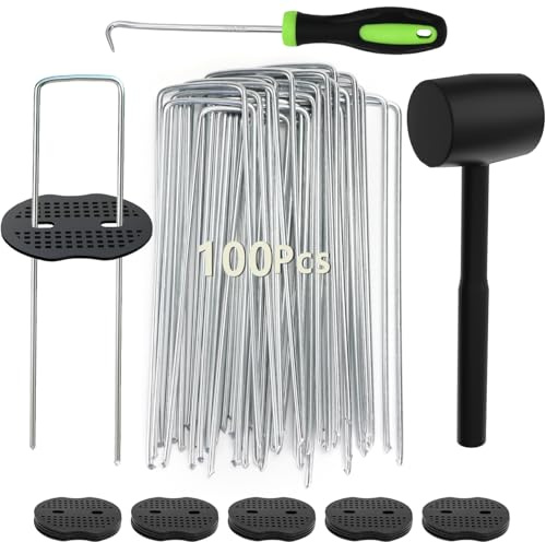 WOHOHOHO 100 Weed Control Membrane Pegs + 100 Buffer Washer, with Pick Hook and Black Hammer. 6 Artificial Grass Pegs Garden Landscape Staples Stakes for Tent Turf Weed Barrier Fabric hose fence