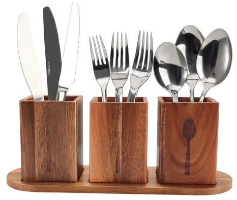 Porte-ustensiles de Cuisine, 3 Compartiments Porte-Couverts Support de Couverts avec Plateau Porte-Couverts de Table avec Trou de Drainage pour Trier Baguettes, CuillèRes et Fourchettes (Marron)