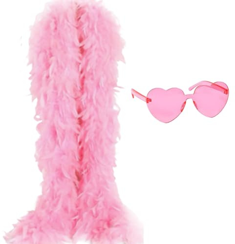 Dinghaole 2m Pink Feather Shawl With Heart-shaped Frame Rimless Sunglasses - Women's Fashion Party Shawl, Carnival Decoration, Prom Costume Accessories