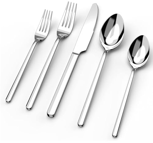 HIKAA Besteck Set 6 Personen, 30 Teiliges Bestecksets, 18/10 Edelstahl Essbesteck Spiegelpoliert, Cutlery Set Spülmaschinenfest für Zuhause, Restaurant, Hochzeit, Party, (Silber）