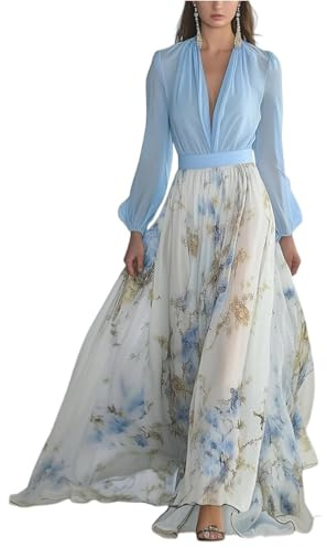 Damklänning, sommarklänning med ärmar, elegant blommig klänning, festklänning, lång A-linjeklänning, bröllopsgästklänning, åtsittande cocktailklänning, v-ringad omlottklänning, maxiklänning