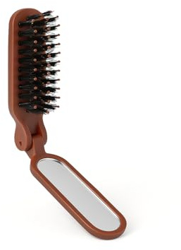 Brosse pliable cheveux & barbe avec miroir – poils de sanglier + picots nylon – compacte 11 cm, portable et anti-frisottis – coloris marron ou gris – brosse de poche voyage unisexe 180° (marron)