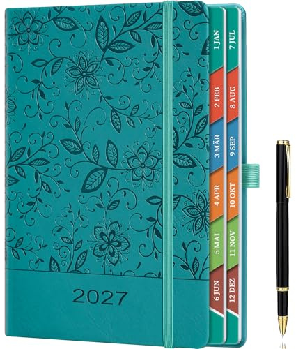 Agenda journalier 2027, format A5, bleu sarcelle, 1 jour par page, agenda 2027 quotidien, agenda 2027, agenda et calendrier 2027, avec motif floral et vignes de fleurs, couverture rigide