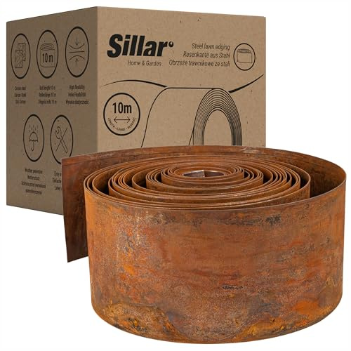 Sillar Bordura Jardin Exterior Acero Corten 10 m – Borde Jardin 140 mm – Borduras Jardin Flexibles en Metal – Separador de Cesped
