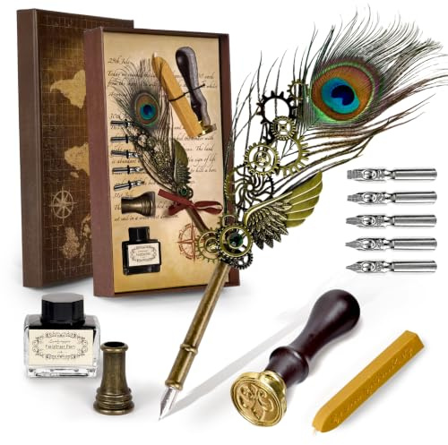 Joyeee Ensemble stylo plume de paon et encre, avec plume verte et élégante de style vintage, encre noire, pointes de calligraphie, sceau de cire, coffret cadeau pour écrire, lettres, agenda, signature
