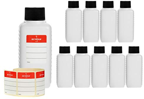10 x 100 ml Octopus Kunststoffflaschen, HDPE Plastikflaschen mit schwarzen Schraubverschlüssen, Leerflaschen mit schwarzen Schraubdeckeln, Vierkantflaschen inkl. 10 Beschriftungsetiketten