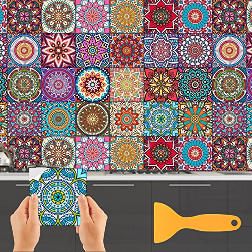ZOCONE Moroccan Tile Sticker, 24 PCS Square Colorful Tiles Stickers for Kitchen Bathroom, Waterproof, 15 * 15cm Vinyl Wall Tile-Stickers Mandala Tile Decals Transfers Stickers Stick on Tiles