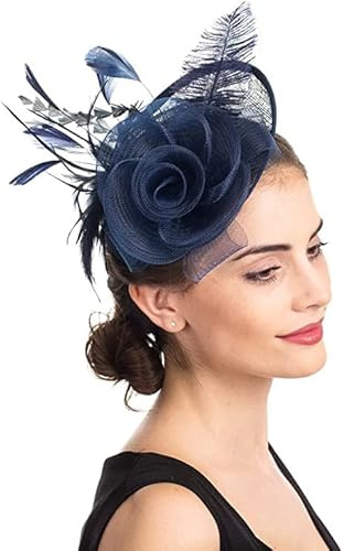 IBLUELOVER Women Fascinator Hat Flower Feather Mesh Veil Pillbox Hat Wedding Bridal Headdress Retro Cocktail Tea Hair Accessories with Clip for Church Banquet Dance Hen Party Navy Blue