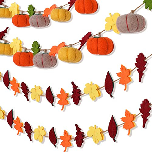 Remagr 2 Pcs Thanksgiving Felt Pumpkin Garland Maple Leaves Fall Felt Garland for Mantle Fall Halloween Thanksgiving Autumn Indoor Outdoor Decoration