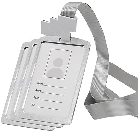 BAWAKO 3 fundas de aluminio para tarjetas de identificación con correa, soporte para tarjetas de identificación de plástico resistente, soporte para identificación (plata)