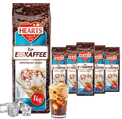 HEARTS Lot de 5 boîtes de café glacé en poudre de 1 kg pour l'été, préparation rapide, lot de 5, suffisant pour 325 verres, Ice Coffee, boisson d'été avec plaisir rafraîchissant