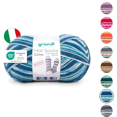 Gründl Laine Hot Socks Como 4 brins - Laine pour chaussettes pour 1 paire de chaussettes - Doux et doux pour la peau - 75% laine vierge, 25% polyamide - 1 pelote de 100 g / 420 m - Taille des