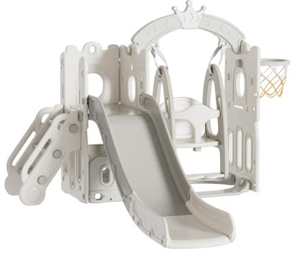 Baby Freestanding Slide Baby Slide and Swing Set Toddler Climber Swing Set Infant Playground Play Set Indoor Outdoor Long Slide Baby Playground Activity Center Kid Play Equipment (Tower White)