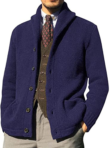 Cardigan da uomo, casual, invernale, a maniche lunghe, con collo a scialle, giacca a maglia grossa, maglieria, cardigan da uomo, collo a scialle, a trecce, motivo tinta unita, bottone, tasca frontale