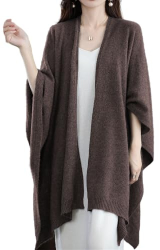 Ailaile Cárdigan tipo chal para mujer, talla grande, 100% lana merino, poncho para otoño e invierno, abrigo abierto, Marrón mocha, Talla única