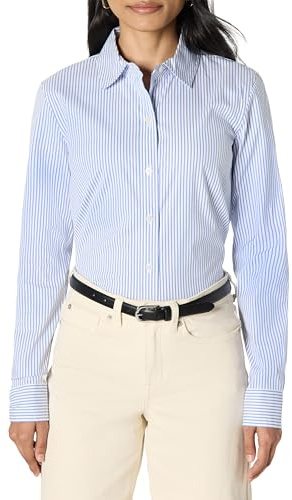 Amazon Essentials Chemise Habillée et Boutonnée en Popeline Extensible Femme, Blanc Bleu Mini Rayures, XS