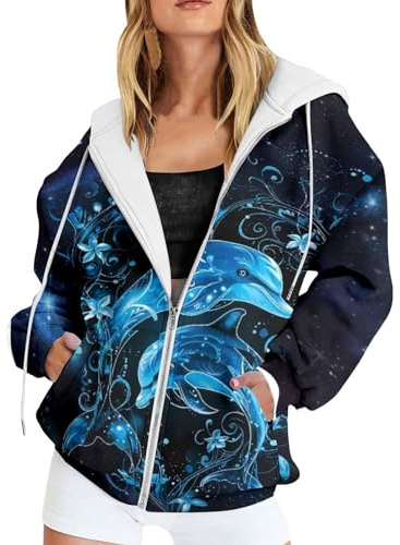 Generisch Women's Hooded Jacket with Mystical Dolphin Print, 3D Sweat Jacket with Underwater and Stars Motif, Eye-catching Zip Hoodie for Fantasy Fans, Style_p01 Blue, 5XL