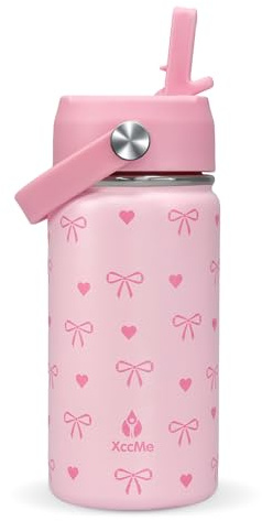 XccMe Kids Water Bottle With Straw Lid,Pink Bow 14 oz Stainless Steel Travel Bottle,Double Wall Leak Proof Kids Cup,Insulated Tumbler for Toddlers,Metal Bottle for School Boys Girls