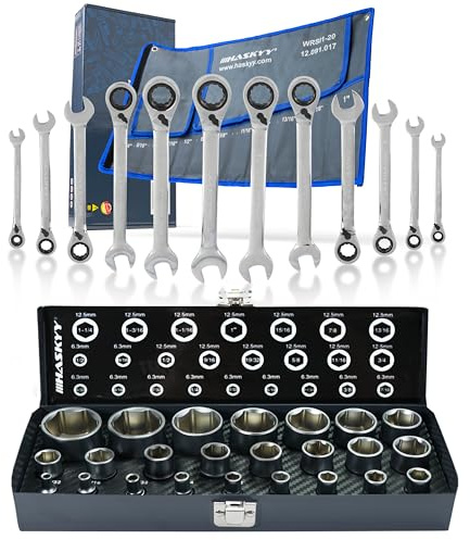 HASKYY Zoll Werkzeug Set Steckschlüssel 5/32-1.1/4 Ratschenschlüssel 1/4-1 mit Arbeitswinkel 15° Zoll/Inch 36tlg.