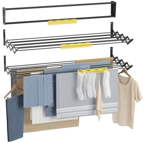 Newlux - Tendedero Extensible Pared Wall V120 (120x60x19cm) con Capacidad 12M/12KG y 8 Barras. Tendedero Pared Plegable 11 cm con Accesorio 27 Prendas Pequeñas. Interior/Exterior, Negro