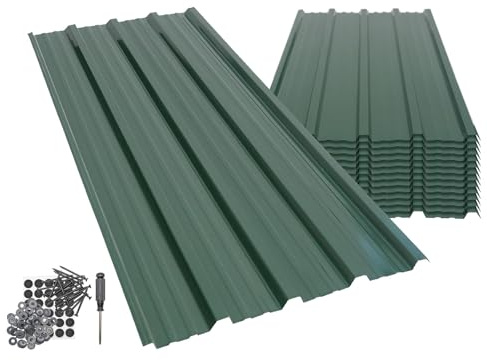 Harbour Housewares 14-Pack Corrugated Metal Roofing Sheets - Green - Galvanised Steel Waterproof Rust-Resistant Heavy Duty Panels 110x46cm for Shed Outbuilding Shelter Roof Repair