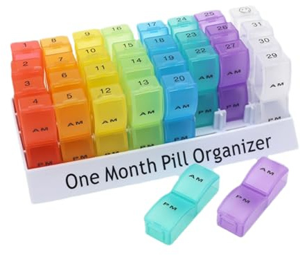 Pilulier 31 jours – Compartiments Am Pm amovibles, matériau translucide de qualité alimentaire, couvercle à sécurisé anti-déversement, boîte de rangement de 20,5 cm, distributeur de médic
