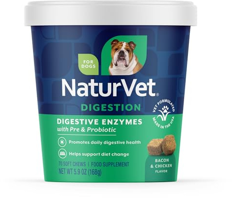 NaturVet – Enzymes digestives – Plus probiotiques et prébiotiques – Aide à Soutenir Le Changement de régime Alimentaire et Un Tube digestif sain – pour Chiens et Chats (friandises à mâcher Douces, 70