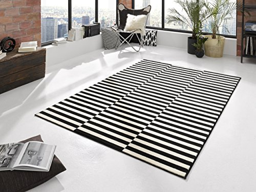 Hanse Home Teppich Panel – Wohnzimmerteppich Kurzflor Streifen Design Grafisches-Muster Moderne Optik für Esszimmer, Wohnzimmer, Kinderzimmer, Flur, Schlafzimmer, Küche – Schwarz Creme, 120x170cm