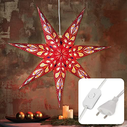 hellum Weihnachtsstern Innen, Stern Papierstern zum Aufhängen mit E14 Lampenfassung, roter Stern Weihnachtsdeko Fenster mit 1,5m Netzkabel mit Schalter, Weihnachtsbeleuchtung innen, 576627