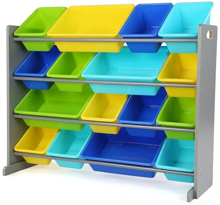 Humble Crew Toy Storage Organiser for Children, with 16 BPA Free Plastic Removeable Storage Bins, Ideal for Storing Toys, Games and Craft Supplies - Grey/Blue/Green/Yellow