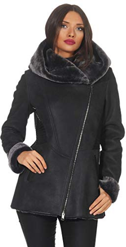 Hollert Damen Lammfelljacke Lena Winterjacke aus Merino Schaffell Echtleder mit Kapuze Größe XL, Farbe Dunkelgrau