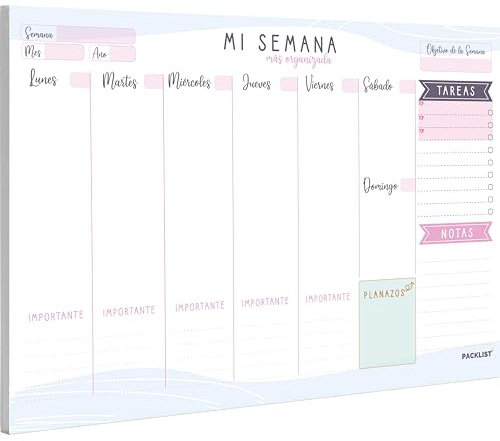 PACKLIST® Planificador Semanal A4 de Escritorio Sin Fechas – Bloc Organizador Arrancable (52 Semanas / 1 Año) – Agenda Planning con To-Do List y TOP 3 – Papel Premium 100g – Edición Rosa/Lila