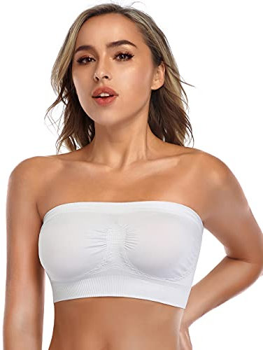 ANGOOL Bandeau Bra Seamless Non Padded Strapless Bra Boobtube Style Stretch Basic Layer Soft Bralette, White, XL Fit 38D 42B 42C