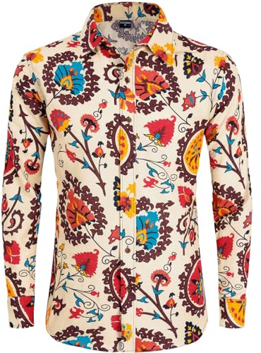COSAVOROCK Herr Hippie 70-tals Skjorta Blommig Hawaii Långärmad Skjortor Fritidsskjorta Ugly Funky Shirt