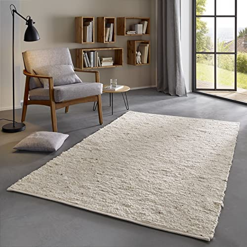 Taracarpet Skandi Landhaus Teppich Hand-Web-Teppich aus hochwertiger Schurwolle 2700 Gramm/qm beidseitig legbar echte Handarbeit Natur weiß Meliert 200x250 cm