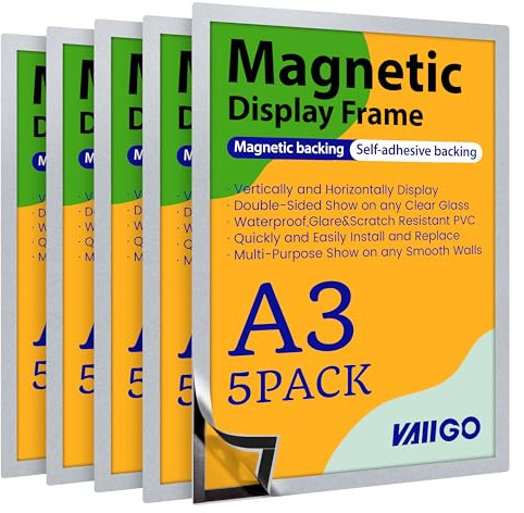 VAIIGO Marco magnético Autoadhesivo A3 información Marco, Pantalla de doble cara, para Licencia, Fotos, Documentos (Plateado, 5Pack)