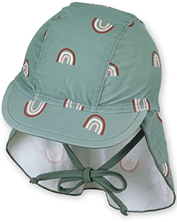 Sterntaler Schirmmütze Regenbogen – UV-Schutz 50+ Baby Mütze mit Nackenschutz & Bindeband – Sonnenmütze mit Regenbogen-Druck – Bademode für Schwimmbad und Strand, steingrün, Größe 53