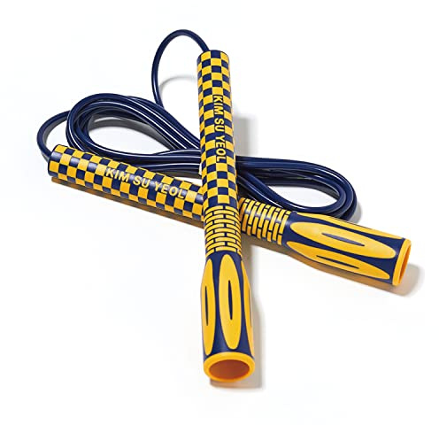 Skipping Jump Rope for Fitness Workout - Light Weight, Adjustable, Tangle Free, Excellent line control for Cardio Boxing, CrossFit, Training Exercise All Ages and Gender ( Special Luxury, KA-220, Made in Korea) (Navy-Yellow)
